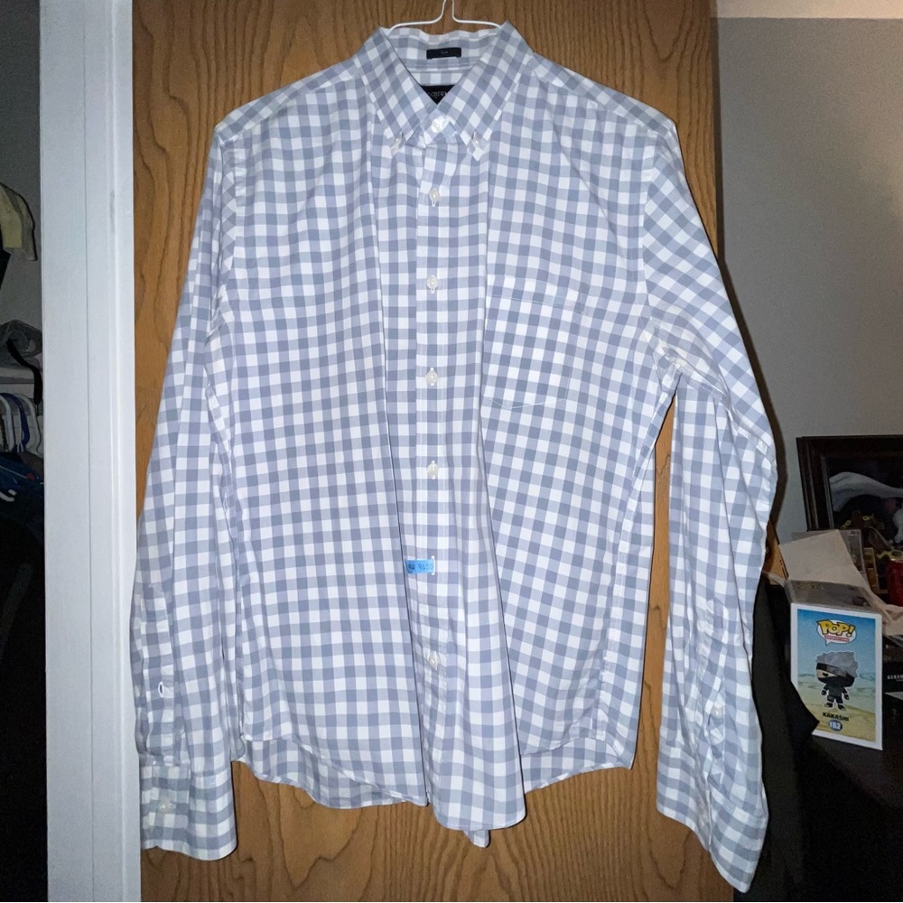 J. Crew Plaid Button Down Long Sleeve Dress Shirt; Gray & White; Size Large Slim